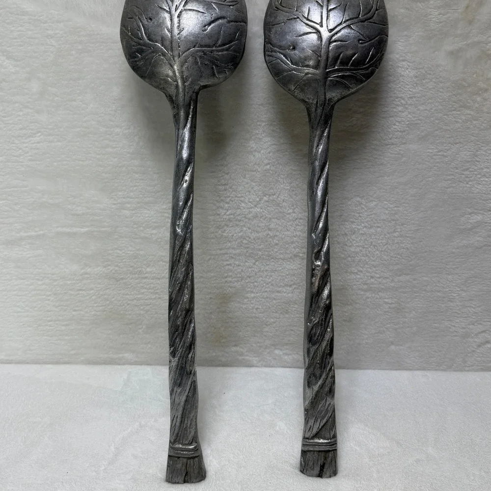 VTG Cast Metal Leaf Salad Serving Set Silver Tone Rustic Botanical Twig Handle